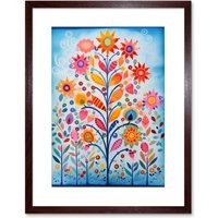 Artery8 Wall Art Print Blooming Flowering Plant Pattern Folk Art Watercolour Painting Artwork Framed 9X7 Inch in Brown | Size: W7" x H9"