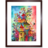 Artery8 Wall Art Print Country Houses Concept Folk Art Watercolour Painting Artwork Framed 9X7 Inch in Brown | Size: W7" x H9"