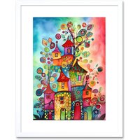 Artery8 Wall Art Print Country Houses Concept Folk Art Watercolour Painting Artwork Framed 9X7 Inch in White | Size: W7" x H9"