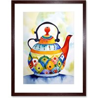 Artery8 Wall Art Print Enamelled Patterned Teapot Tea Kettle Folk Art Watercolour Painting Artwork Framed 9X7 Inch in Brown | Size: W7" x H9"