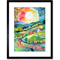 Artery8 Wall Art Print Rural Landscape English Countryside Sunrise Folk Art Watercolour Painting Artwork Framed 9X7 Inch in Black | Size: W7" x H9"