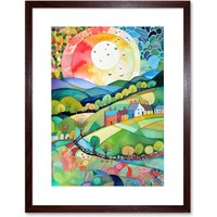 Artery8 Wall Art Print Rural Landscape English Countryside Sunrise Folk Art Watercolour Painting Artwork Framed 9X7 Inch in Brown | Size: W7" x H9"