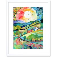 Artery8 Wall Art Print Rural Landscape English Countryside Sunrise Folk Art Watercolour Painting Artwork Framed 9X7 Inch in White | Size: W7" x H9"