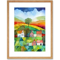 Artery8 Wall Art Print Rural Landscape Rainbow Countryside Folk Art Watercolour Painting Artwork Framed 9X7 Inch in Beige | Size: W7" x H9"