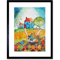 Artery8 Wall Art Print Farmer Heading Home Folk Art Watercolour Painting Artwork Framed 9X7 Inch in Black | Size: W7" x H9"