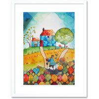 Artery8 Wall Art Print Farmer Heading Home Folk Art Watercolour Painting Artwork Framed 9X7 Inch in White | Size: W7" x H9"