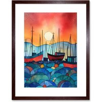 Artery8 Wall Art Print Fishing Boats At Sunset Folk Art Watercolour Painting Artwork Framed 9X7 Inch in Brown | Size: W7" x H9"
