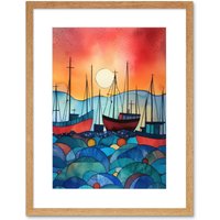Artery8 Wall Art Print Fishing Boats At Sunset Folk Art Watercolour Painting Artwork Framed 9X7 Inch in Beige | Size: W7" x H9"