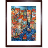 Artery8 Wall Art Print Fishing Village Canal Folk Art Watercolour Painting Artwork Framed 9X7 Inch in Brown | Size: W7" x H9"