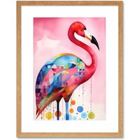 Artery8 Wall Art Print Flamingo Bird Folk Art Watercolour Painting Artwork Framed 9X7 Inch in Beige | Size: W7" x H9"