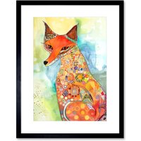 Artery8 Wall Art Print Sitting Fox Folk Art Watercolour Painting Artwork Framed 9X7 Inch in Black | Size: W7" x H9"