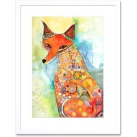 Artery8 Wall Art Print Sitting Fox Folk Art Watercolour Painting Artwork Framed 9X7 Inch in White | Size: W7" x H9"