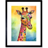 Artery8 Wall Art Print Giraffe With Multicolour Pattern Folk Art Watercolour Painting Artwork Framed 9X7 Inch in Black | Size: W7" x H9"