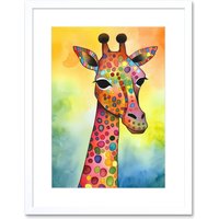 Artery8 Wall Art Print Giraffe With Multicolour Pattern Folk Art Watercolour Painting Artwork Framed 9X7 Inch in White | Size: W7" x H9"