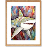 Artery8 Wall Art Print Great White Shark Folk Art Watercolour Painting Artwork Framed 9X7 Inch in Beige | Size: W7" x H9"