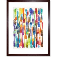 Artery8 Wall Art Print Cutlery Pattern Multicoloured Forks Watercolour Painting Artwork Framed 9X7 Inch in Brown | Size: W7" x H9"