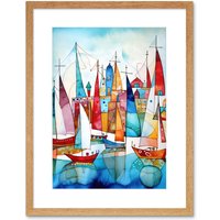 Artery8 Wall Art Print Harbour Boats Abstract Folk Art Watercolour Painting Artwork Framed 9X7 Inch in Beige | Size: W7" x H9"