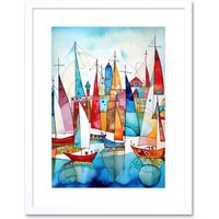 Artery8 Wall Art Print Harbour Boats Abstract Folk Art Watercolour Painting Artwork Framed 9X7 Inch in White | Size: W7" x H9"