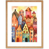 Artery8 Wall Art Print Colourful Townscape Folk Art Watercolour Painting Artwork Framed 9X7 Inch in Beige | Size: W7" x H9"