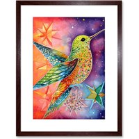 Artery8 Wall Art Print Hummingbird In Vibrant Astral Field Folk Art Watercolour Painting Artwork Framed 9X7 Inch in Brown | Size: W7" x H9"