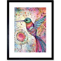Artery8 Wall Art Print Hummingbird With Mandala Patterns Colourful Folk Art Watercolour Painting Artwork Framed 9X7 Inch in Black | Size: W7" x H9"