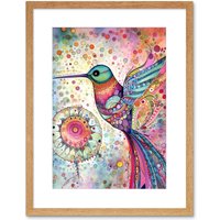 Artery8 Wall Art Print Hummingbird With Mandala Patterns Colourful Folk Art Watercolour Painting Artwork Framed 9X7 Inch in Beige | Size: W7" x H9"