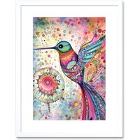 Artery8 Wall Art Print Hummingbird With Mandala Patterns Colourful Folk Art Watercolour Painting Artwork Framed 9X7 Inch in White | Size: W7" x H9"