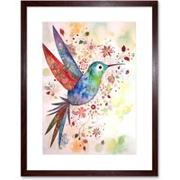 Artery8 Wall Art Print Hummingbird With Flower Patterns Folk Art Watercolour Painting Artwork Framed 9X7 Inch in Brown | Size: W7" x H9"