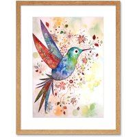 Artery8 Wall Art Print Hummingbird With Flower Patterns Folk Art Watercolour Painting Artwork Framed 9X7 Inch in Beige | Size: W7" x H9"