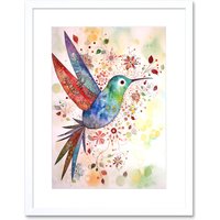 Artery8 Wall Art Print Hummingbird With Flower Patterns Folk Art Watercolour Painting Artwork Framed 9X7 Inch in White | Size: W7" x H9"