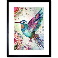 Artery8 Wall Art Print Hummingbird With Multicolour Mandala Patterns Folk Art Watercolour Painting Artwork Framed 9X7 Inch in Black | Size: W7" x H9"