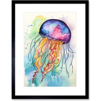 Artery8 Wall Art Print Jellyfish Swimming Folk Art Watercolour Painting Artwork Framed 9X7 Inch in Black | Size: W7" x H9"