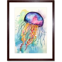 Artery8 Wall Art Print Jellyfish Swimming Folk Art Watercolour Painting Artwork Framed 9X7 Inch in Brown | Size: W7" x H9"