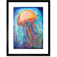 Artery8 Wall Art Print Jellyfish With Aquatic Plants Folk Art Watercolour Painting Artwork Framed 9X7 Inch in Black | Size: W7" x H9"