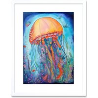 Artery8 Wall Art Print Jellyfish With Aquatic Plants Folk Art Watercolour Painting Artwork Framed 9X7 Inch in White | Size: W7" x H9"