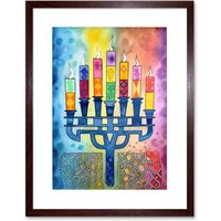 Artery8 Wall Art Print Jewish Menorah Candles Multicolour Folk Art Watercolour Painting Artwork Framed 9X7 Inch in Brown | Size: W7" x H9"
