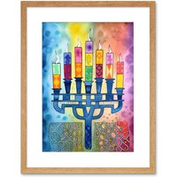 Artery8 Wall Art Print Jewish Menorah Candles Multicolour Folk Art Watercolour Painting Artwork Framed 9X7 Inch in Beige | Size: W7" x H9"