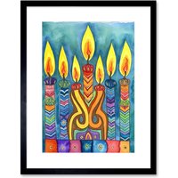 Artery8 Wall Art Print Jewish Menorah Candle Patterns Folk Art Watercolour Painting Artwork Framed 9X7 Inch in Black | Size: W7" x H9"