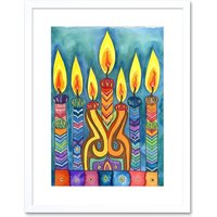 Artery8 Wall Art Print Jewish Menorah Candle Patterns Folk Art Watercolour Painting Artwork Framed 9X7 Inch in White | Size: W7" x H9"