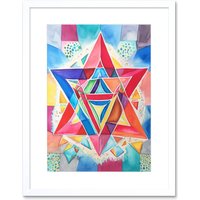 Artery8 Wall Art Print Jewish Star Of David Bright Multicoloured Folk Art Watercolour Painting Artwork Framed 9X7 Inch in White | Size: W7" x H9"