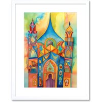 Artery8 Wall Art Print Jewish Synagogue Building Multicoloured Folk Art Watercolour Painting Artwork Framed 9X7 Inch in White | Size: W7" x H9"