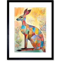 Artery8 Wall Art Print Multicoloured Kangaroo Folk Art Watercolour Painting Artwork Framed 9X7 Inch in Black | Size: W7" x H9"