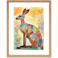 Artery8 Wall Art Print Multicoloured Kangaroo Folk Art Watercolour Painting Artwork Framed 9X7 Inch in Beige | Size: W7" x H9"