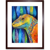 Artery8 Wall Art Print Komodo Dragon Vibrant Folk Art Watercolour Painting Artwork Framed 9X7 Inch in Brown | Size: W7" x H9"