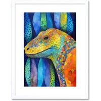 Artery8 Wall Art Print Komodo Dragon Vibrant Folk Art Watercolour Painting Artwork Framed 9X7 Inch in White | Size: W7" x H9"