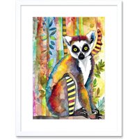 Artery8 Wall Art Print Lemur Vibrant Portrait Folk Art Watercolour Painting Artwork Framed 9X7 Inch in White | Size: W7" x H9"