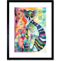Artery8 Wall Art Print Striped Ring-Tailed Lemur Multicoloured Folk Art Watercolour Painting Artwork Framed 9X7 Inch in Black | Size: W7" x H9"