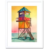 Artery8 Wall Art Print Rainbow Lifeguard Tower Folk Art Watercolour Painting Artwork Framed 9X7 Inch in White | Size: W7" x H9"