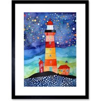 Artery8 Wall Art Print Lighthouse On Starry Night Folk Art Watercolour Painting Artwork Framed 9X7 Inch in Black | Size: W7" x H9"
