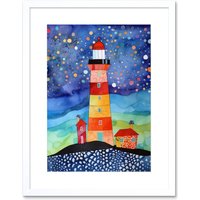Artery8 Wall Art Print Lighthouse On Starry Night Folk Art Watercolour Painting Artwork Framed 9X7 Inch in White | Size: W7" x H9"